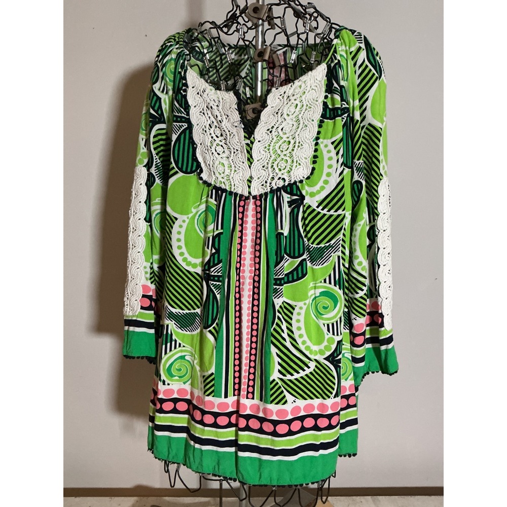 Crown & Ivy Womens Green Pink Paisley Crochet‎ Lace Trim Peasant Top Blouse M